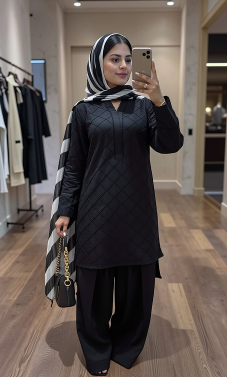 Pakistani Black 3pc Lawn Suit with Textured Shirt Strip Dyed Dupatta | Bin Saeed