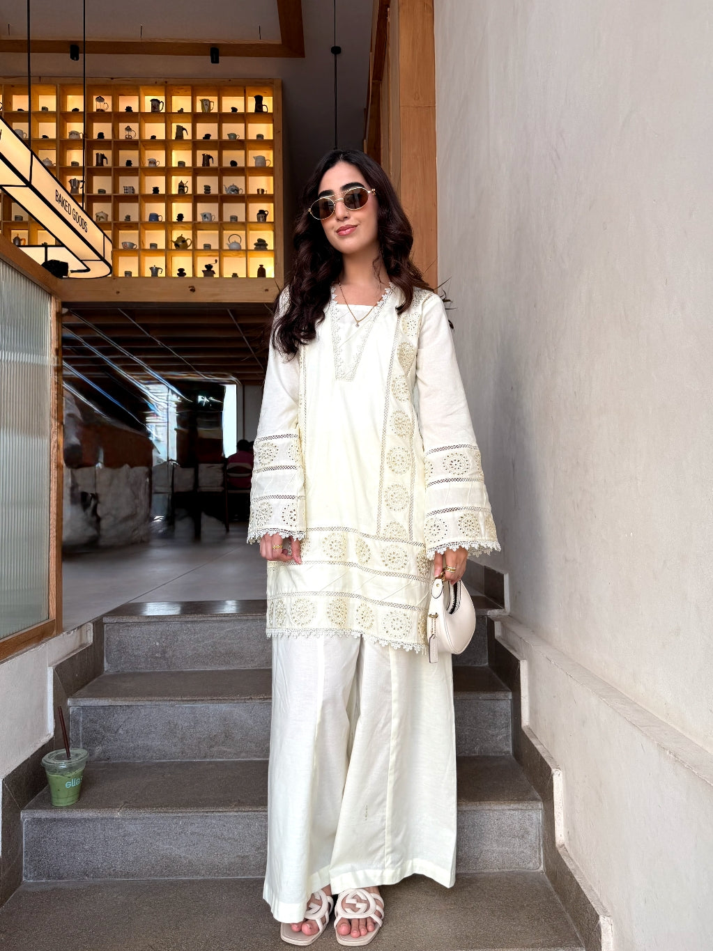White Designer Co-Ord Set with Handcrafted Embroidery and Wide Leg Pants | Bin Saeed
