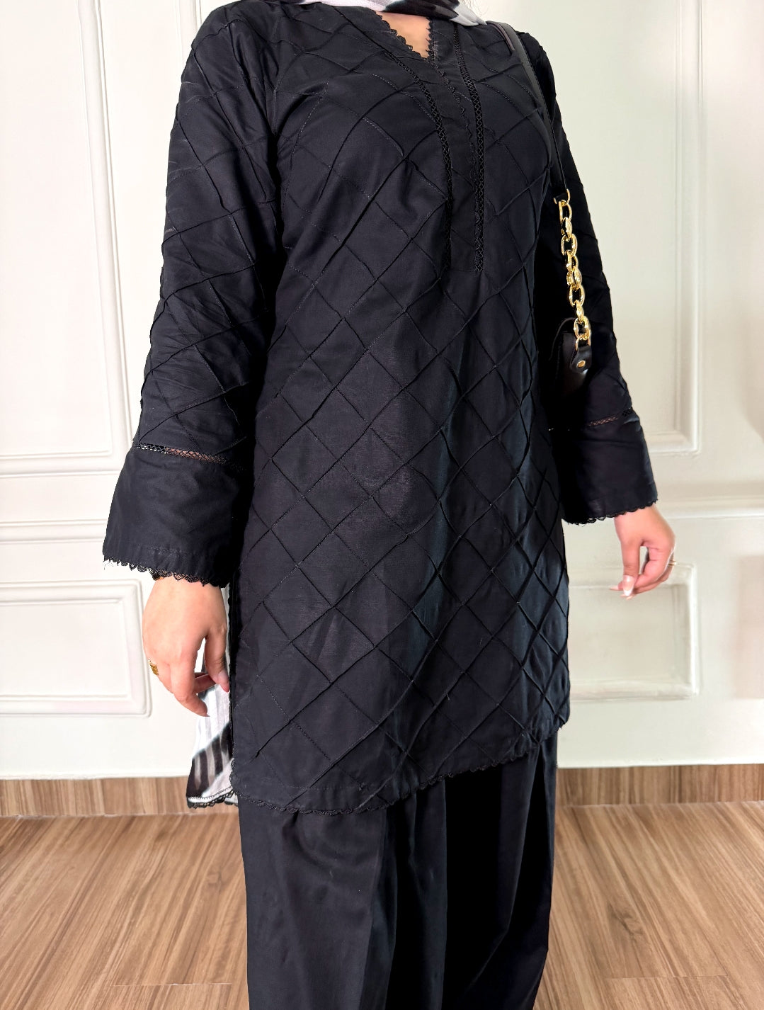 Black Pintuck Textured Kurta with Wide Leg Shalwar and Ikat Dupatta Women Pakistani Dress | Bin Saeed
